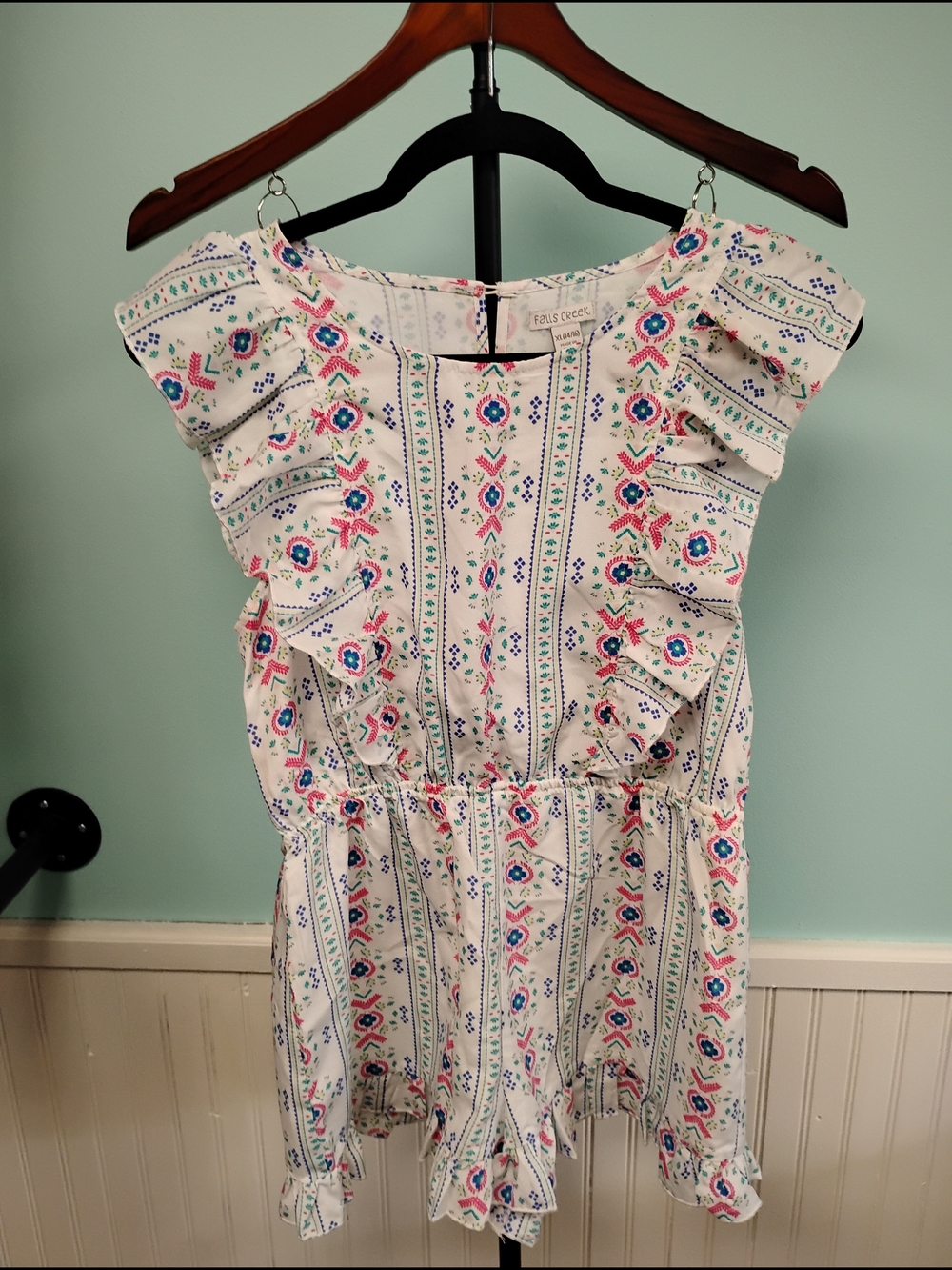 Girls Ivory Floral Embroidered Ruffle Romper